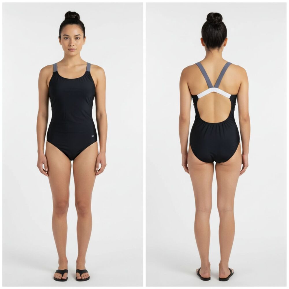 Champion Black & Gray Athletic Sport 1 Piece Swim Bathing Suit L